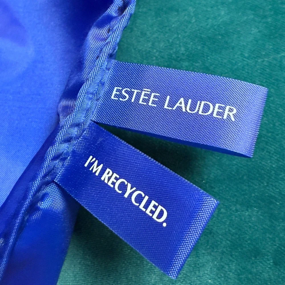 Estee Lauder Blue Floral Print Cosmetic Bag‎ Pouch Zipper Gold Flower Charm